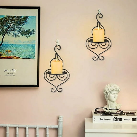 SOI Iron Wall Candle Sconce Holder Set of 2 Hanging Wall Mounted Pillar Candle Sconces Holder, Wall Sconces Decor for Bedroom Dining Room (Black)