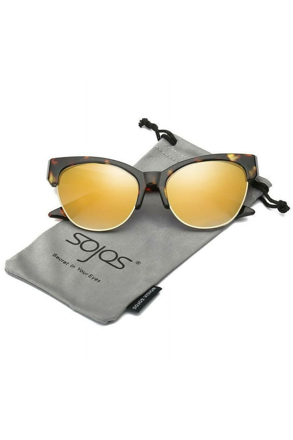 Womens Classic High Pointed Half Frame Cat Eye UV Sunglasses With Demi Frame Gold Lens