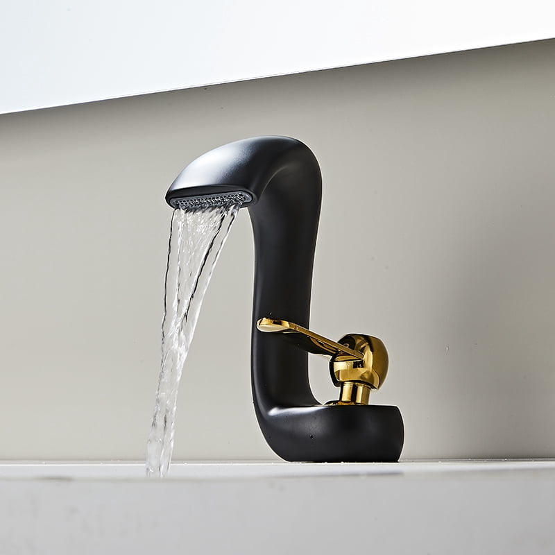 SOKNARKU Bathroom Sink Basin Waterfall Faucet Brass Deck Mount Single Hole Single Handle Cold And Hot Mixed Modern Creative Design Tap Including Two US Standard 3/8 Hoses Black Gold