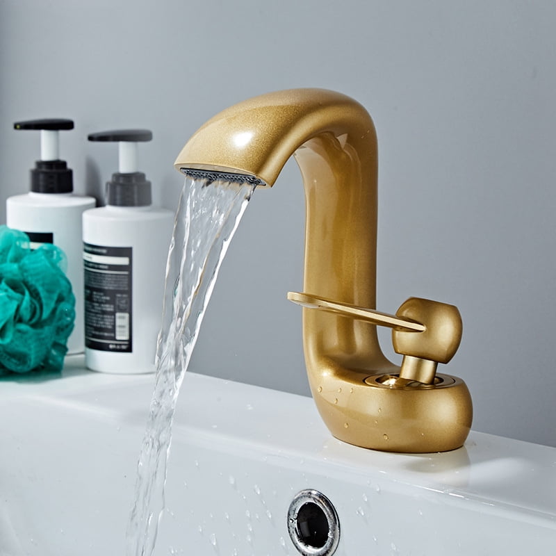 SOKNARKU Bathroom Sink Basin Waterfall Faucet Brass Deck Mount Single Hole Single Handle Cold And Hot Mixed Modern Creative Design Tap Including Two US Standard 3/8 Hoses Gold