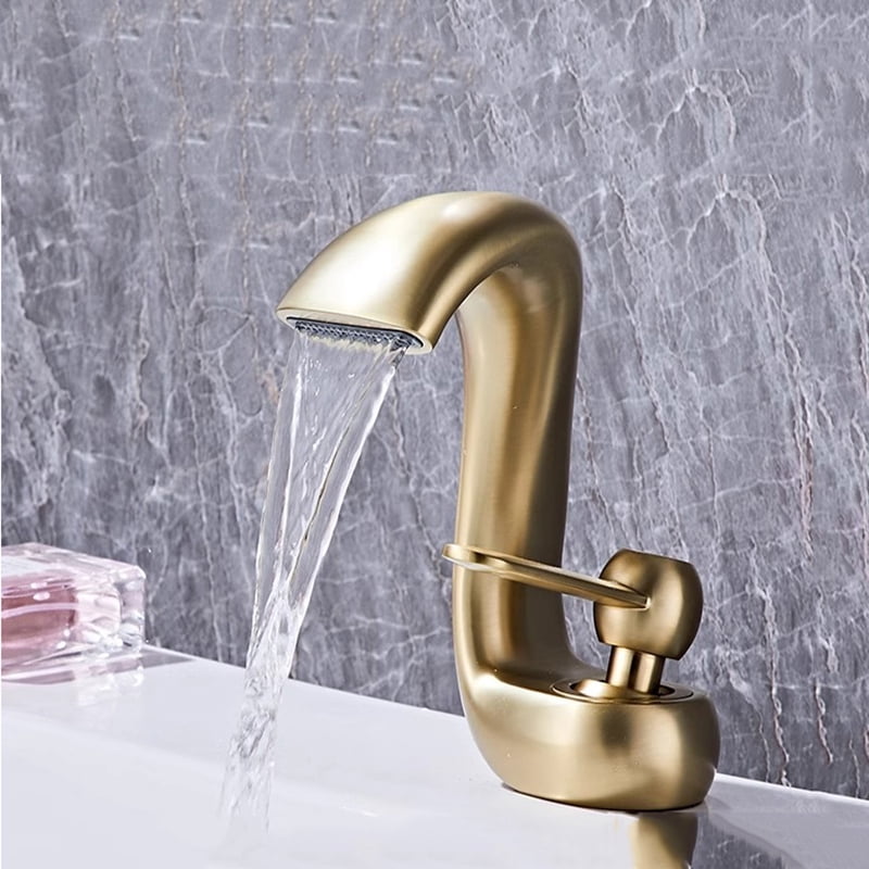 SOKNARKU Bathroom Sink Basin Waterfall Faucet Brass Deck Mount Single Hole Single Handle Cold And Hot Mixed Modern Creative Design Tap Including Two US Standard 3/8 Hoses Brushed Gold
