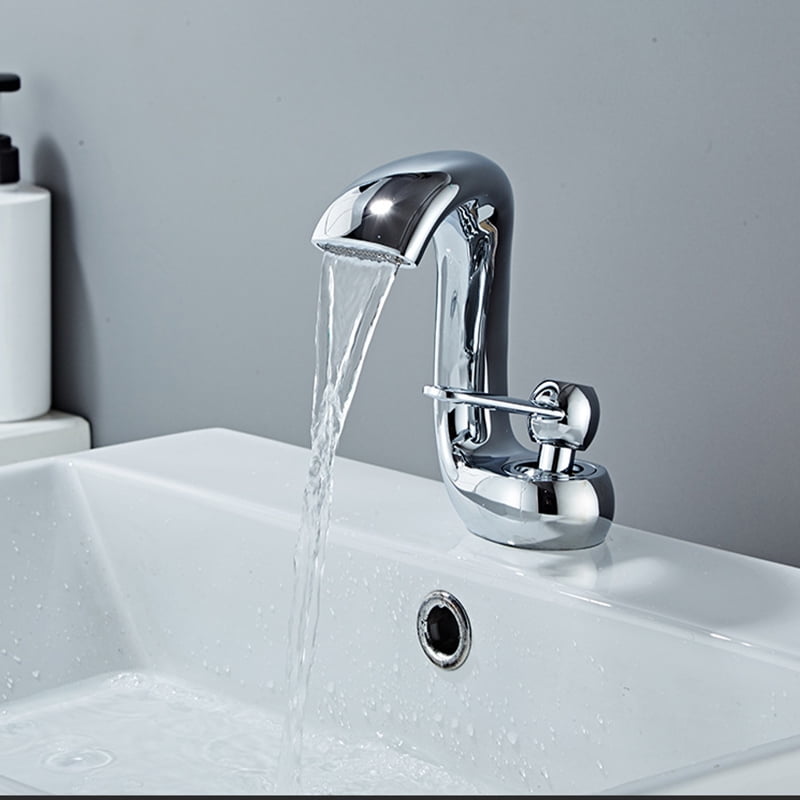 SOKNARKU Bathroom Sink Basin Waterfall Faucet Brass Deck Mount Single Hole Single Handle Cold And Hot Mixed Modern Creative Design Tap Including Two US Standard 3/8 Hoses Polished Chrome
