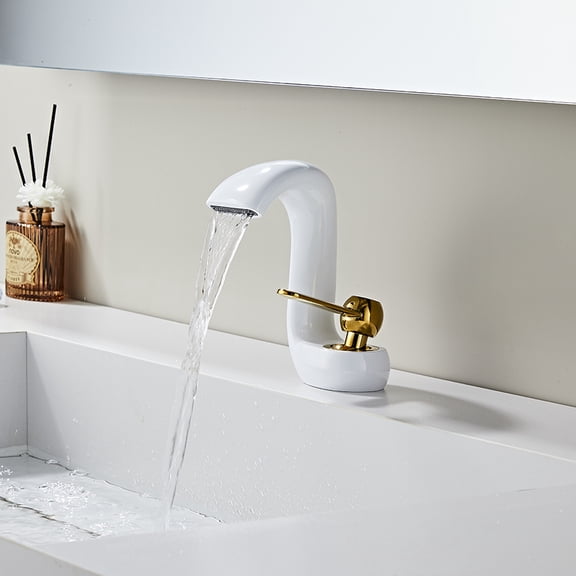 SOKNARKU Bathroom Sink Basin Waterfall Faucet Brass Deck Mount Single Hole Single Handle Cold And Hot Mixed Modern Creative Design Tap Including Two US Standard 3/8 Hoses White Gold