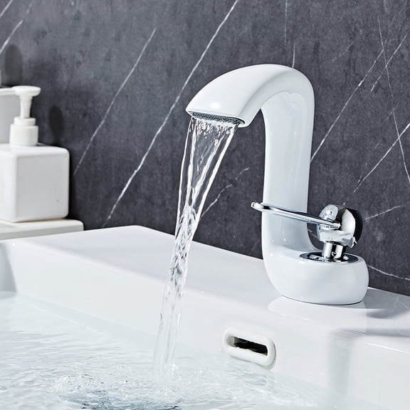 SOKNARKU Bathroom Sink Basin Waterfall Faucet Brass Deck Mount Single Hole Single Handle Cold And Hot Mixed Modern Creative Design Tap Including Two US Standard 3/8 Hoses White Silver