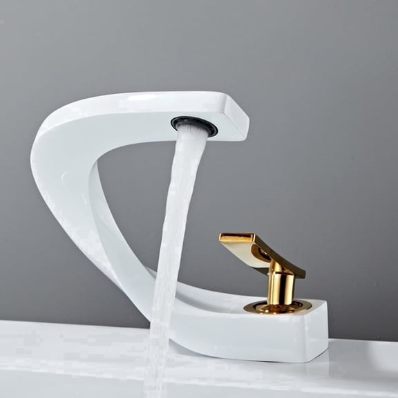 SOKNARKU Modern Bathroom Sink Basin Faucet Brass Single Hole Single Handle Deck Mount Cold And Hot Mixed Creative Design Tap Including Two US Standard 3/8 Hoses White Gold