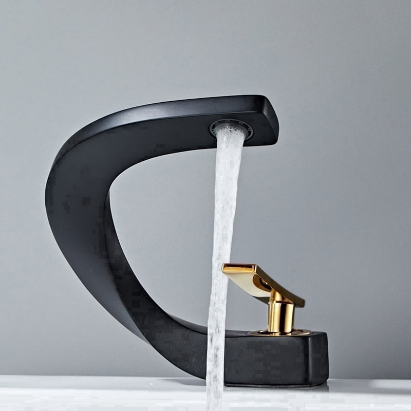 SOKNARKU Modern Bathroom Sink Basin Faucet Brass Single Hole Single Handle Deck Mount Cold And Hot Mixed Creative Design Tap Including Two US Standard 3/8 Hoses Black Gold