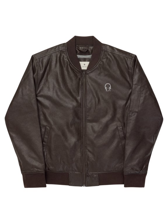 SOL Music Leather Bomber Jacket - Sporty Men's Coat with Classic Embroidery (Brown, XL)