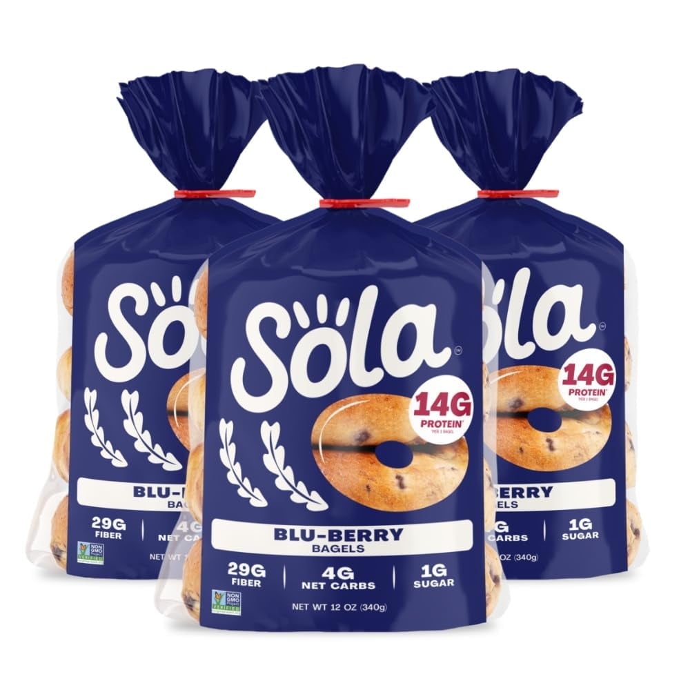 SOLA Low Carb & Keto Friendly Bagels. Blu-berry-5g Net Carbs & 150 of Protein. No Added Sugar. Plant based, Low Calorie Bagels-12 oz (4 Begeis/Pack) (Pack of 3)