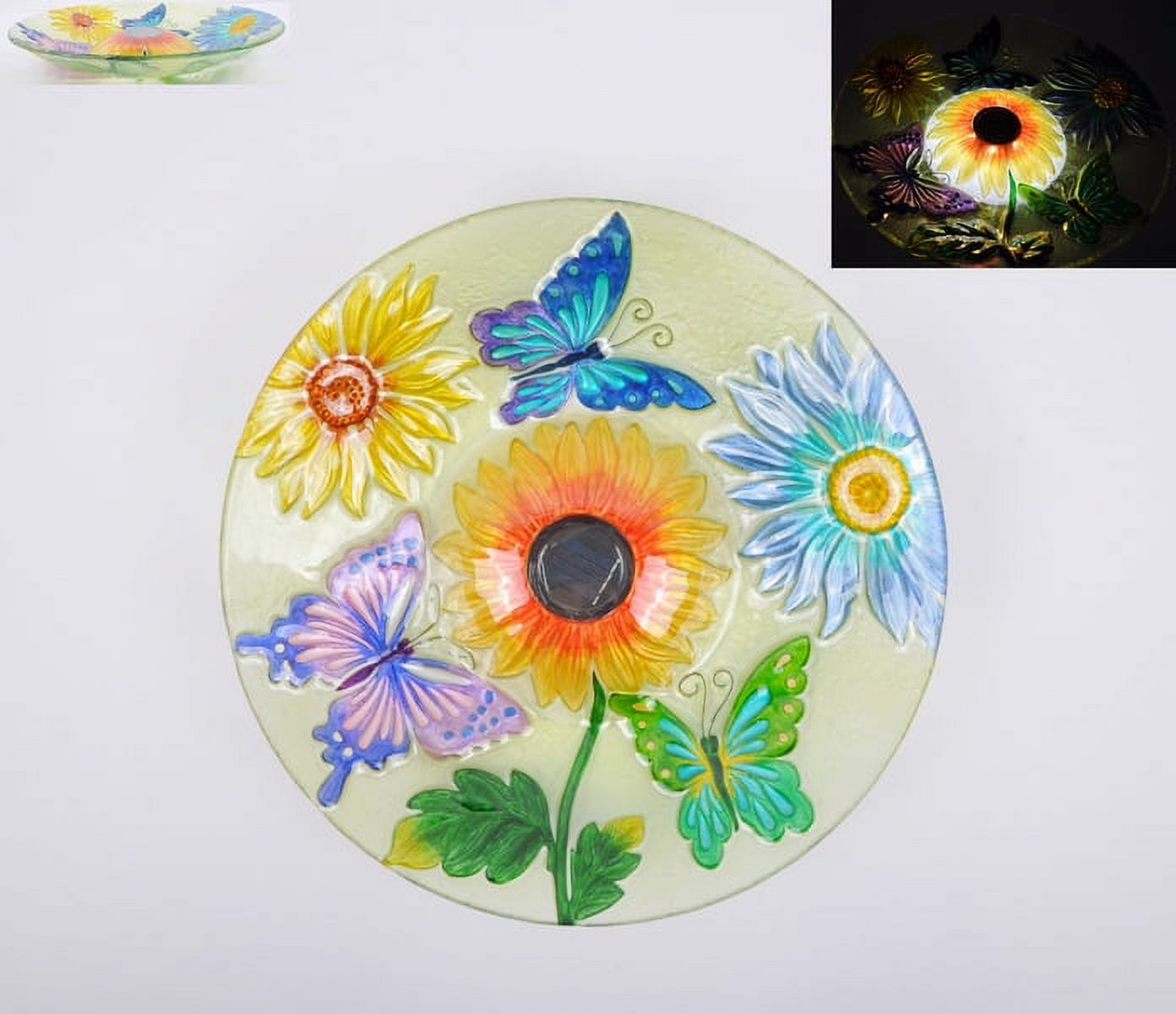 SOLAR FLORAL GLASS BUTTERFLY BIRD BATH WITH STAND