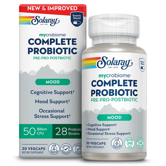 SOLARAY Mycrobiome Complete Probiotic Mood Formula - Pre and Probiotics for Women and Men Plus Postbiotic - 50 Billion CFU, 28 Strains - Vegan, Clinically Studied Ingredients - 30 Servings, 30 VegCaps