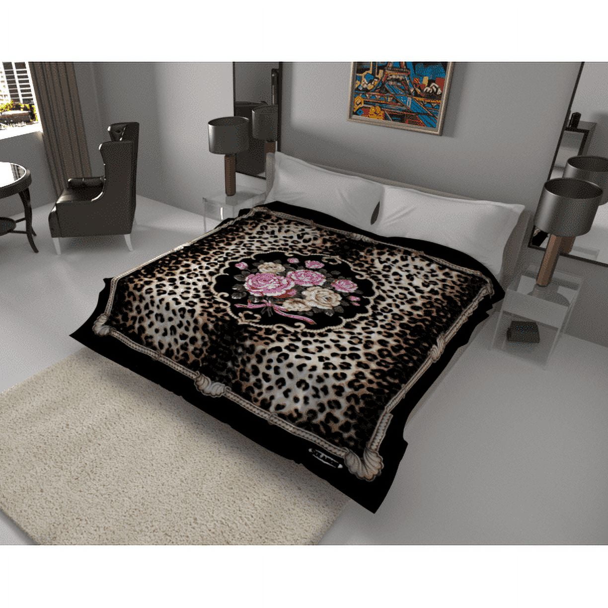 SOLARON KING FLOWER LEOPARD BLACK BLANKET