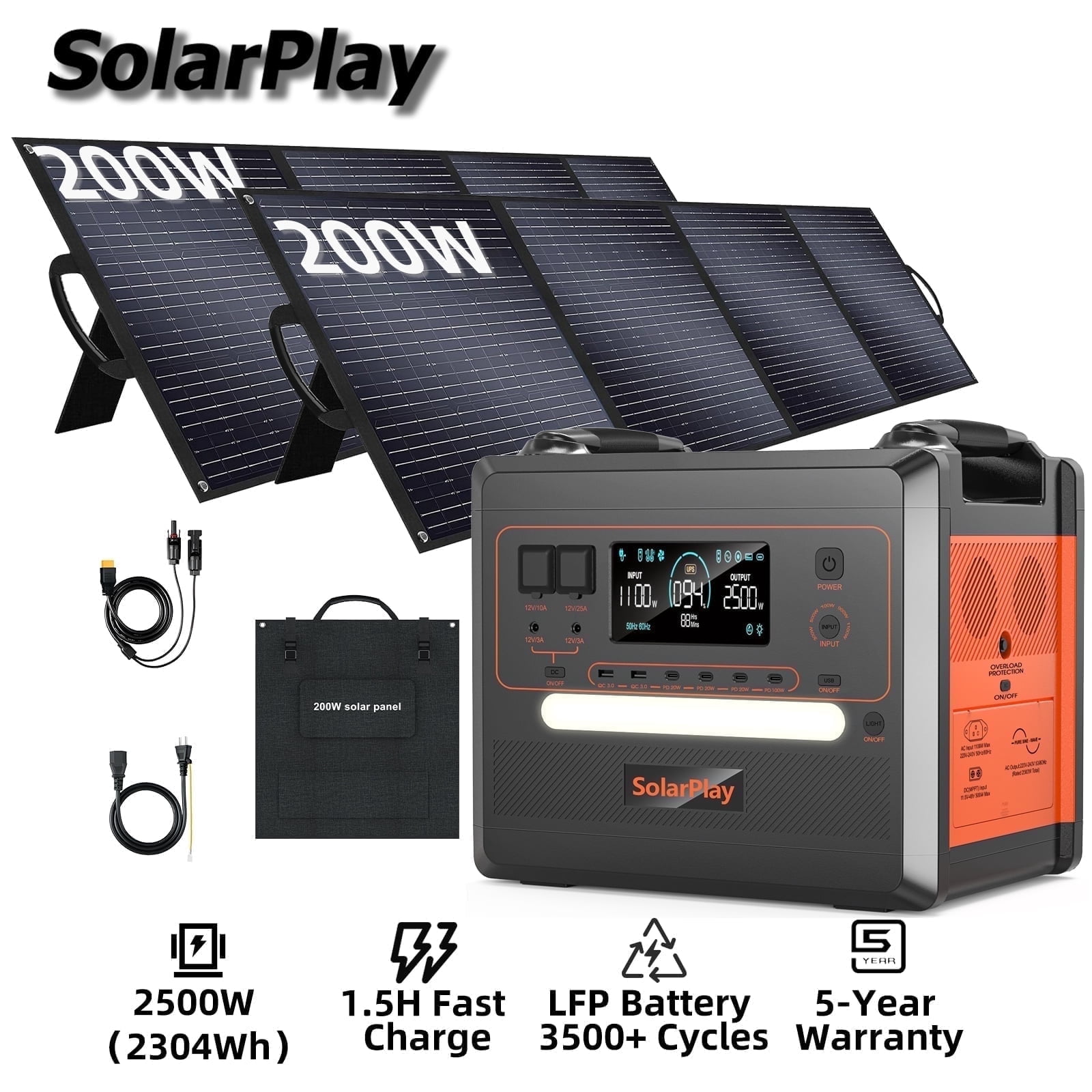 SOLARPLAY 2500W Solar Generator with 2×200W Panels, 1.5H Fast Charge LiFePO4 Power Station for Outdoor Camping, Home Backup, Emergency Use, 4 AC Outlets