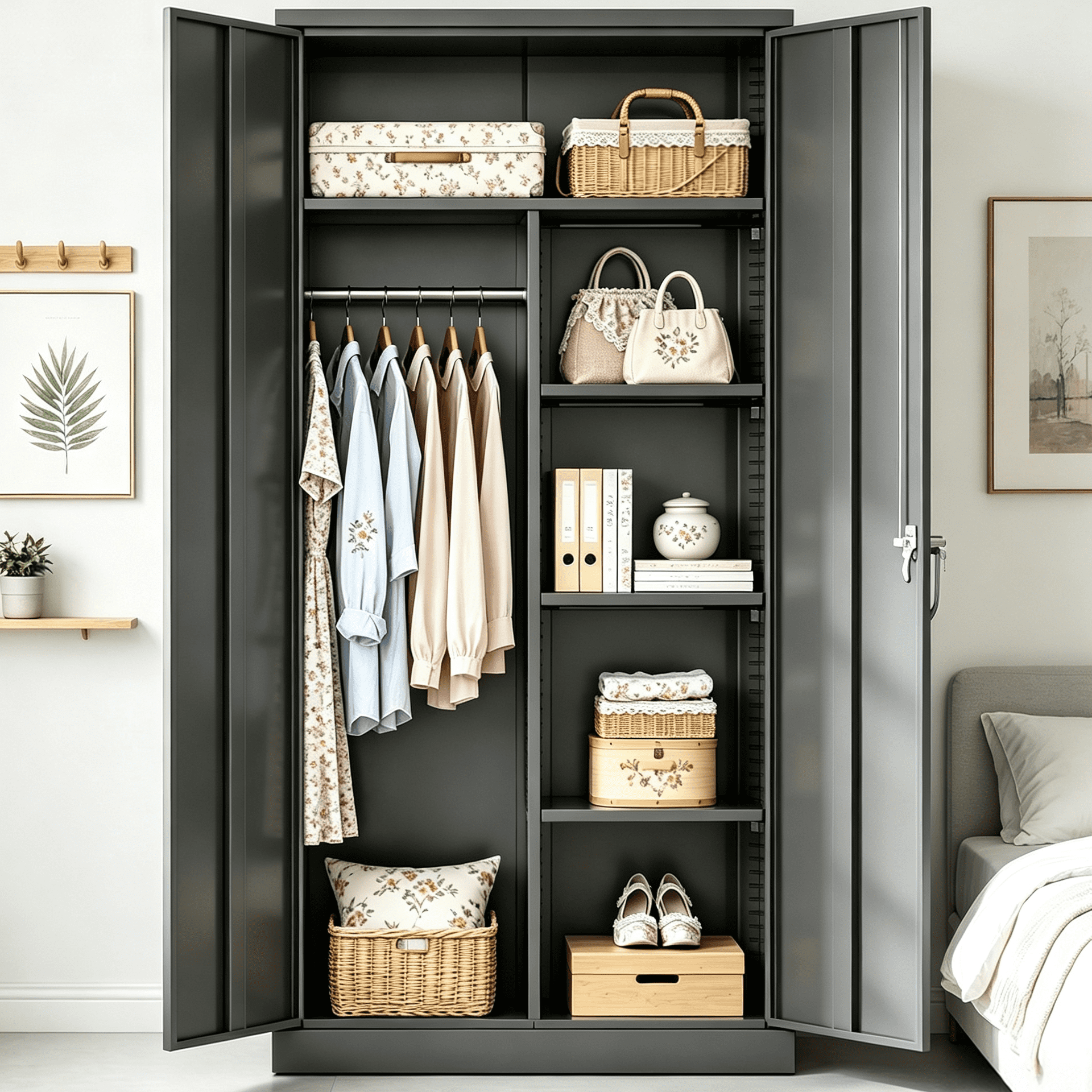 SOLAURA Metal Armoire Wardrobe Closet with Hanging Rod and Locking Door, 71" H x 32" W x 16" D Storage Cabinet with Adjustable Shelves, Freestanding Closet Cabinet for Garage, Home, Office, Black