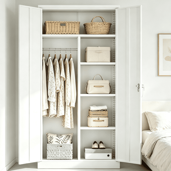 SOLAURA Metal Armoire Wardrobe Closet with Hanging Rod and Locking Door, 71" H x 32" W x 16" D Storage Cabinet with Adjustable Shelves, Freestanding Closet Cabinet for Garage, Home, Office, White