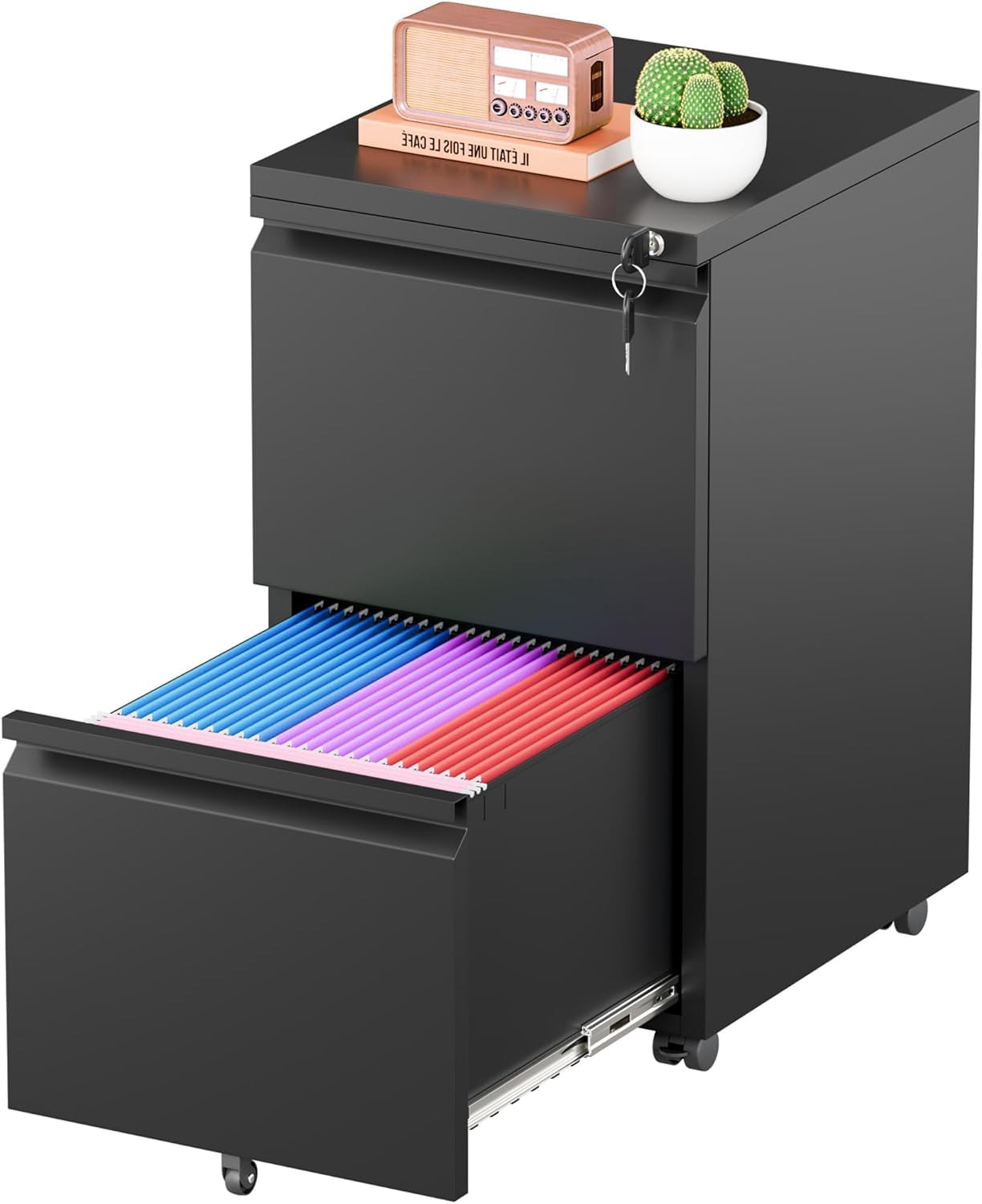 SOLAURA 2 Drawer File Cabinet with Wheels & Lock, Metal Rolling File Cabinet, Under Desk Mobile Filing Cabinet  for Office, Fits Legal/Letter/A4 Size(Unassembled, Black)