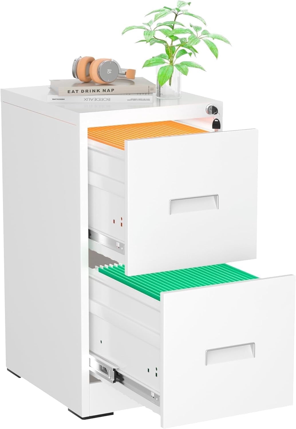 SOLAURA 2 Drawer Metal Vertical File Storage Cabinet with Lock for Home, Office, Steel File Cabinet for A4 Letter /Legal Size (White)