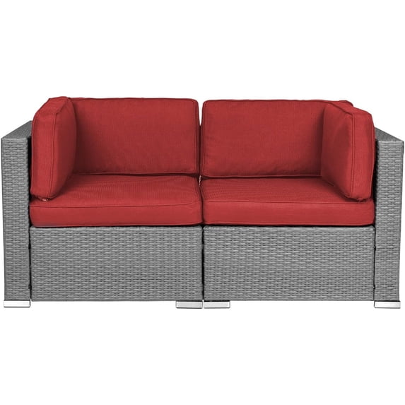 SOLAURA 2-Piece Patio Loveseat Gray Wicker Corner Sofa Set with Cushions, Dark Red