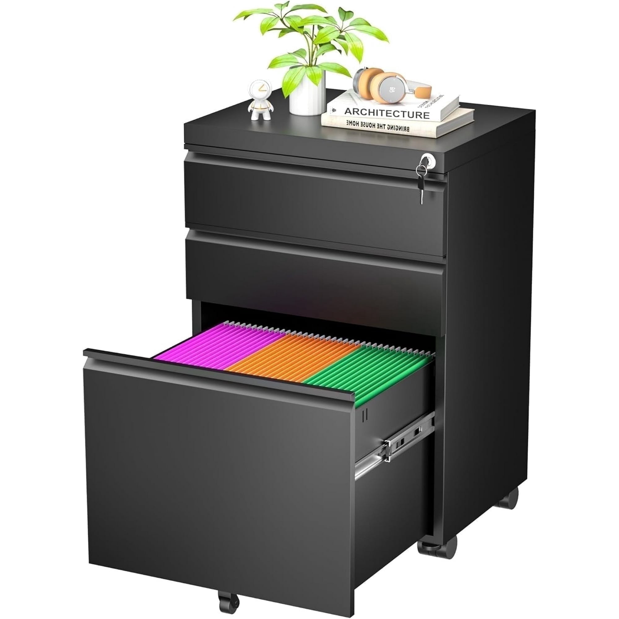 SOLAURA 3 Drawer File Cabinet with Wheels & Lock, Metal Rolling File Cabinet, Under Desk Mobile Filing Cabinet for Office, Fits Legal/Letter/A4 Size(Unassembled, Black)