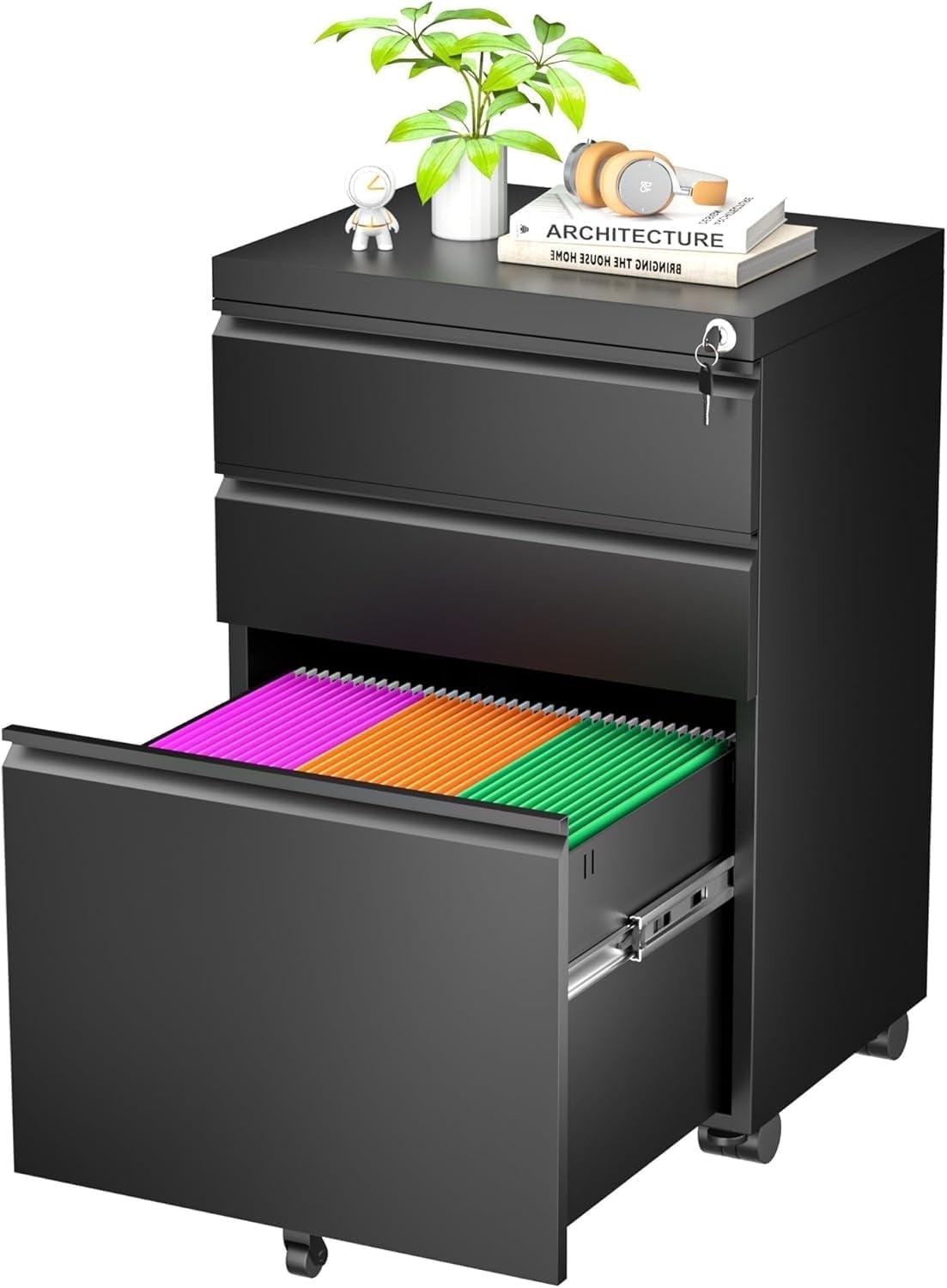 Black Mobile 3-Drawer Lockable Metal File Cabinet with Wheels