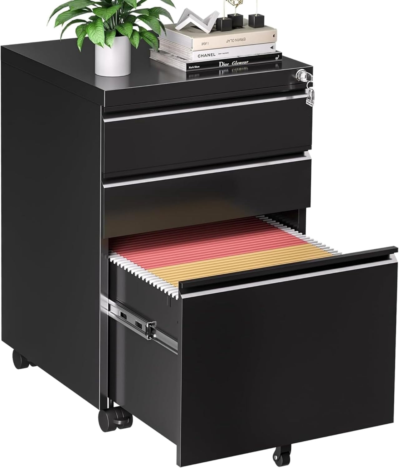 SOLAURA 3 Drawer Mobile File Cabinet with Lock & Wheels, Fully Assembled Rolling Filing Cabinet Except Casters, Under Desk Metal Storage for Office, Fits Legal/Letter/A4 Size(Assembled, Black)