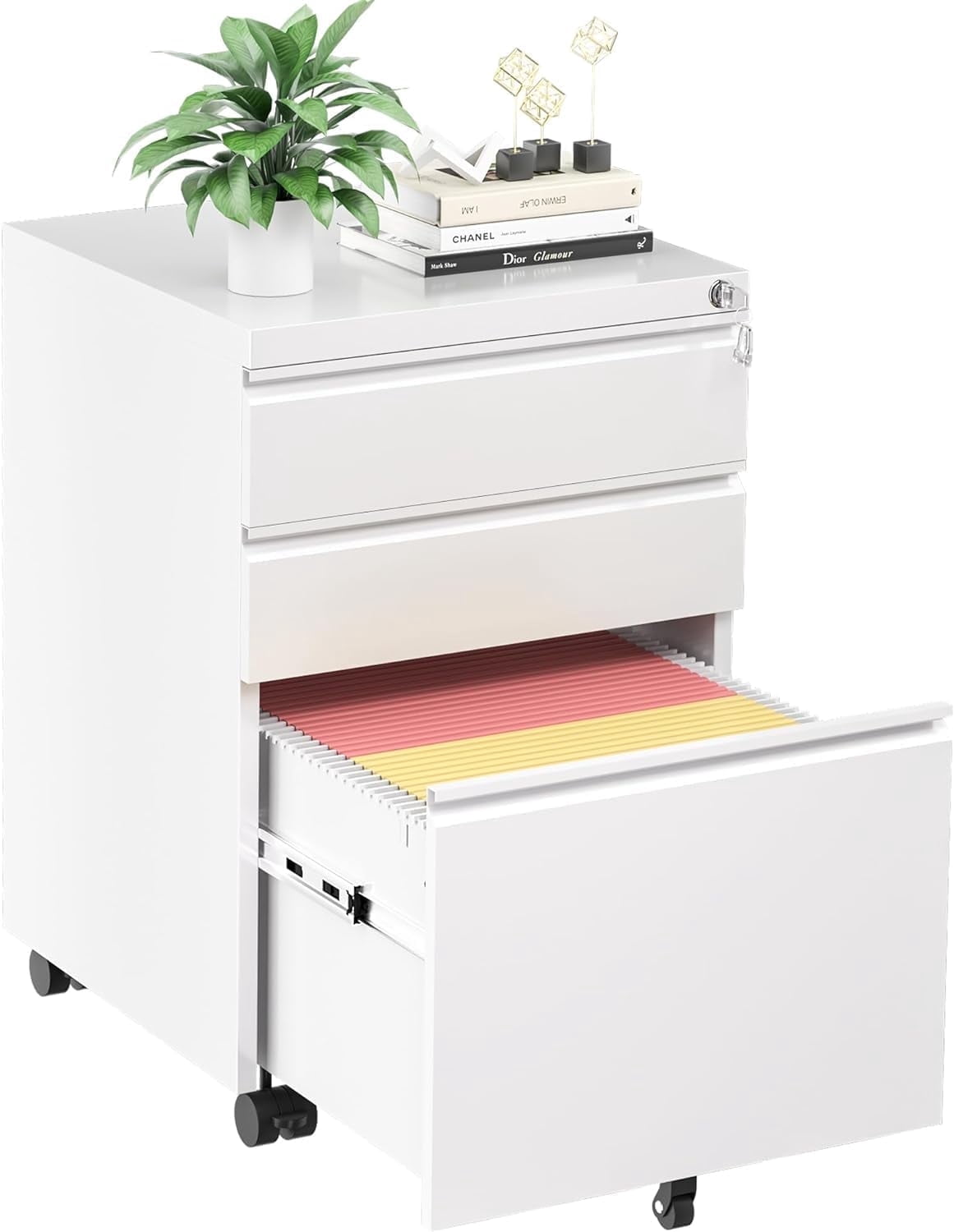 SOLAURA 3 Drawer Mobile File Cabinet with Lock & Wheels, Fully Assembled Rolling Filing Cabinet Except Casters, Under Desk Metal Storage for Office, Fits Legal/Letter/A4 Size(Assembled, White)