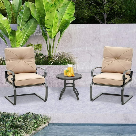 SOLAURA Patio Outdoor Furniture Patio Chairs 3 Piece Bistro Iron Frame Sets Cushions and Side Coffee Table -Brown