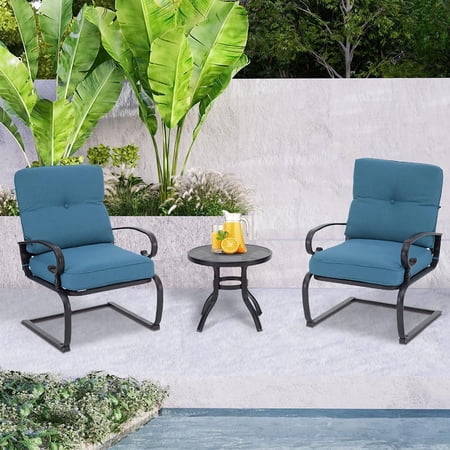 SOLAURA 3-Piece Outdoor Bistro Sets Patio Metal Spring Chairs and Coffee Table Set with Peacock Blue Cushions