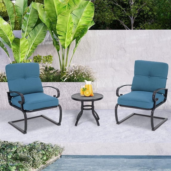 SOLAURA 3-Piece Outdoor Bistro Sets Patio Metal Spring Chairs and Coffee Table Set with Peacock Blue Cushions