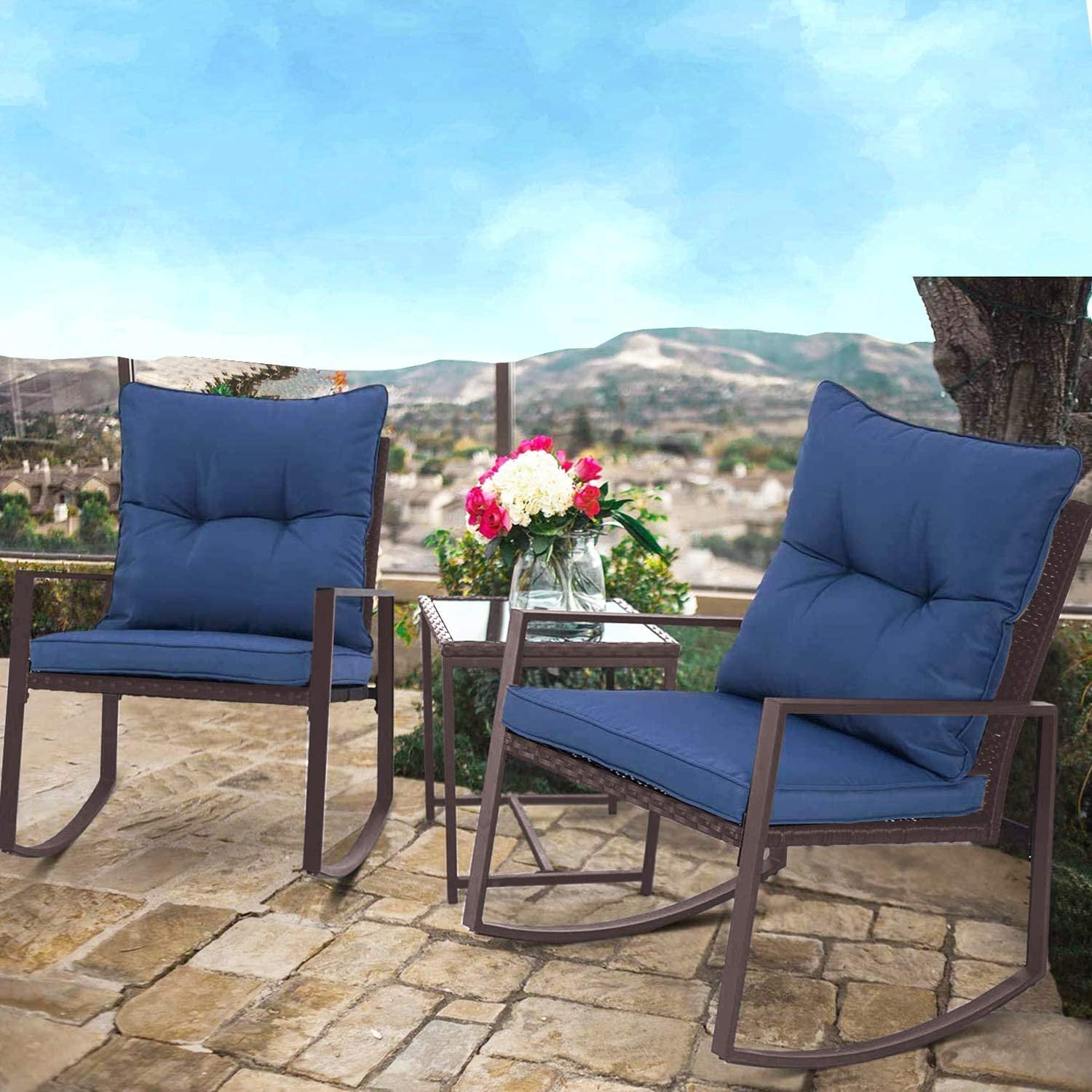 SOLAURA 3Piece Outdoor Rocking Furniture Set, Brown Wicker Chairs and