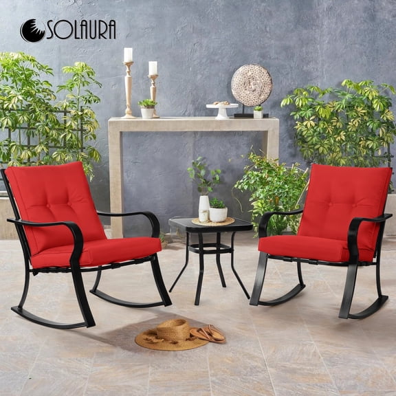 SOLAURA 3-Piece Outdoor Furniture Patio Bistro Set with Black Chairs and Glass Coffee Table - Red