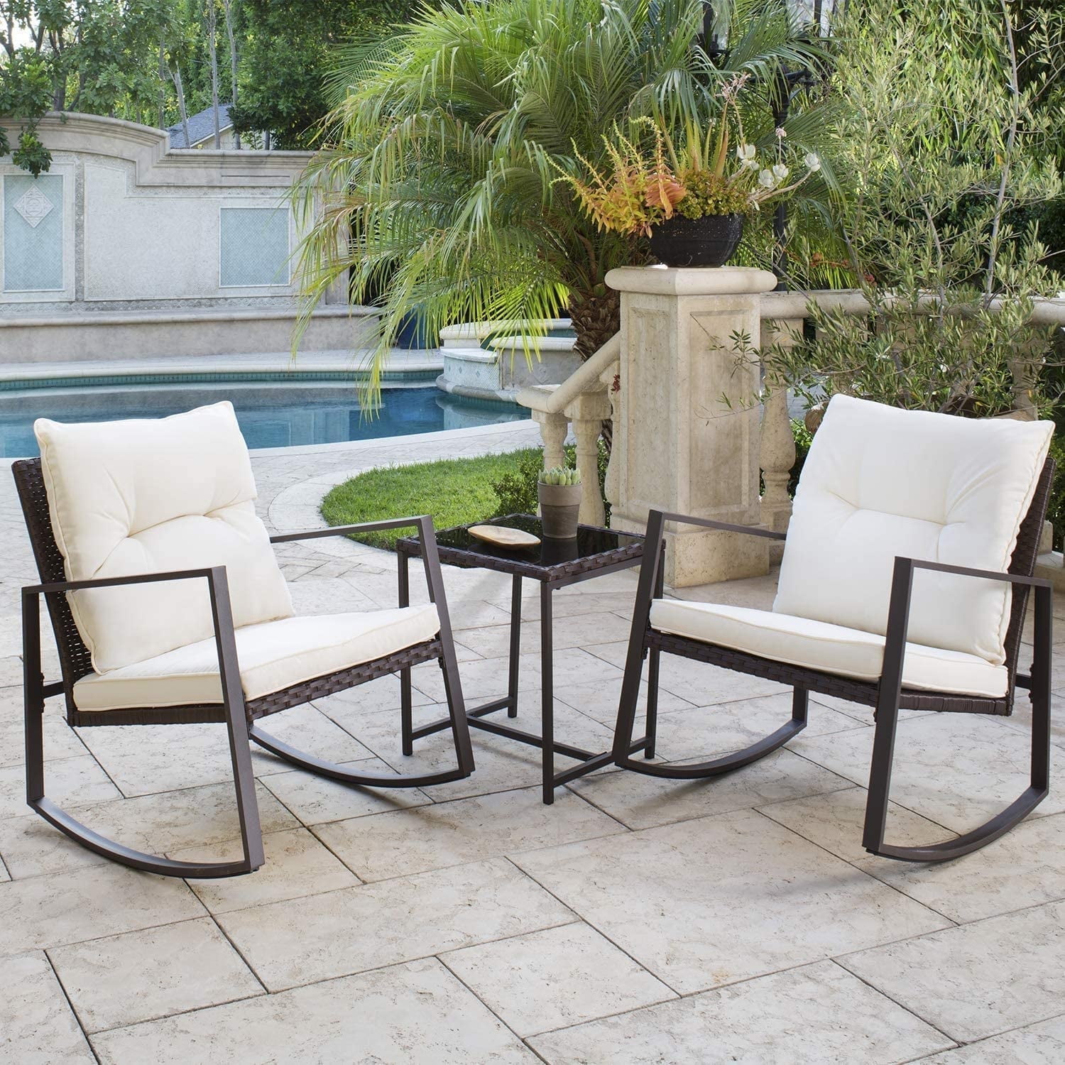 Beige Cushioned Brown Wicker Outdoor Rocking Chair Set with Glass Table