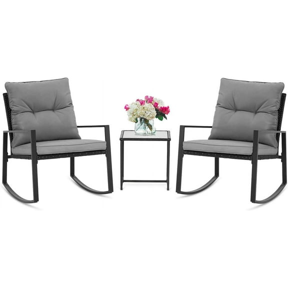 SOLAURA 3-Piece Outdoor Rocking Chair Set, Patio Black Wicker Bistro Set with Glass Table and Gray Cushions