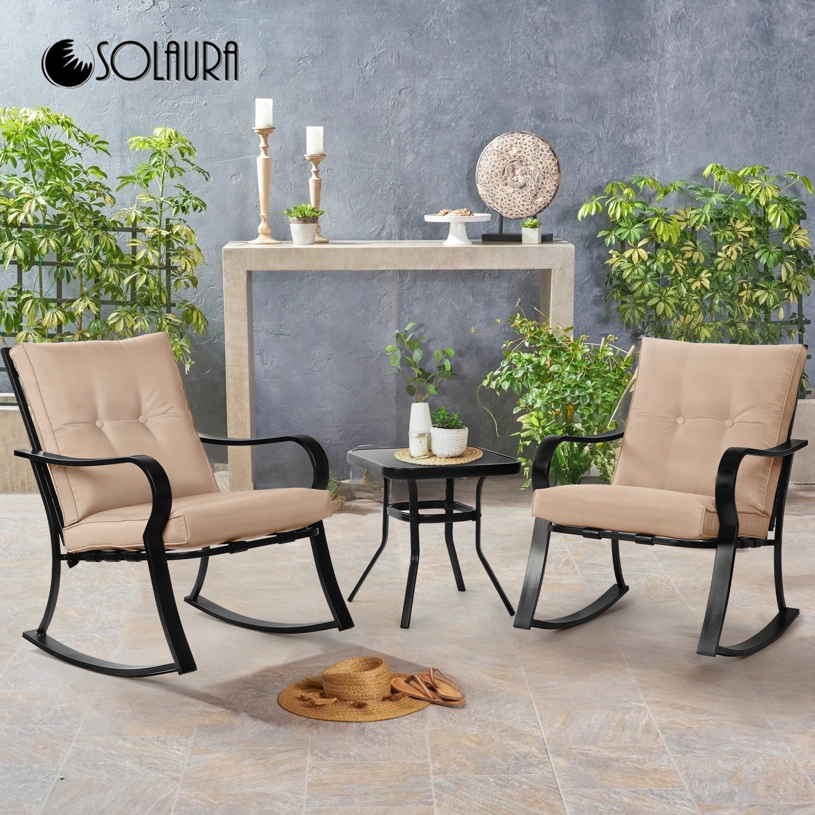 Beige Cushioned Black Steel Outdoor Rocking Bistro Set