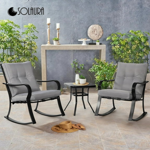 SOLAURA 3-Piece Outdoor Rocking Chairs Set, Black Iron Patio Furniture with Gray Thickened Cushion & Glass Coffee Table
