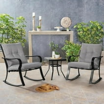 SOLAURA 3-Piece Outdoor Rocking Chairs Set, Black Iron Patio Furniture with Gray Thickened Cushion & Glass Coffee Table