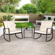 SOLAURA 3-Piece Patio Outdoor Bistro Set with Black Wicker Rocking Chairs and Glass Coffee Table, Beige