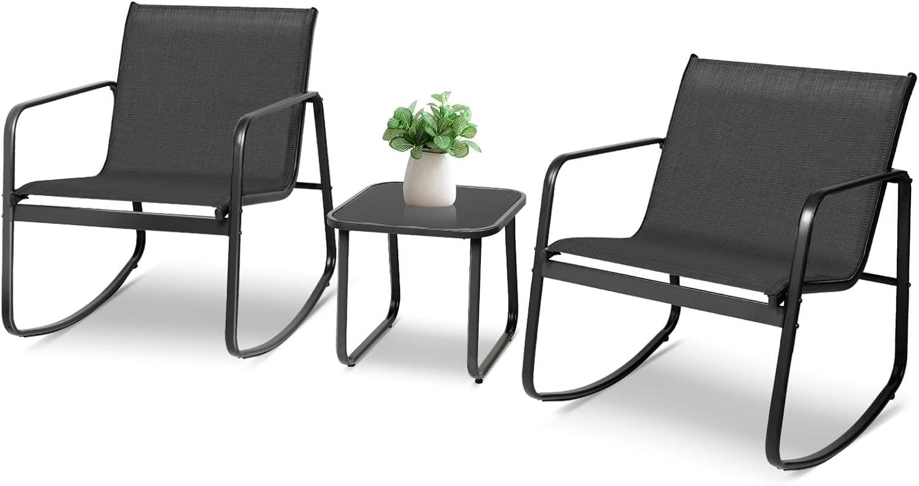 SOLAURA 3 Piece Patio Rocking Bistro Set Outdoor Textilene Fabric Chairs and Glass Table Set for Lawn, Garden, Balcony, Poolside, Black