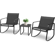 SOLAURA 3 Piece Patio Rocking Bistro Set Outdoor Textilene Fabric Chairs and Glass Table Set for Lawn, Garden, Balcony, Poolside, Black