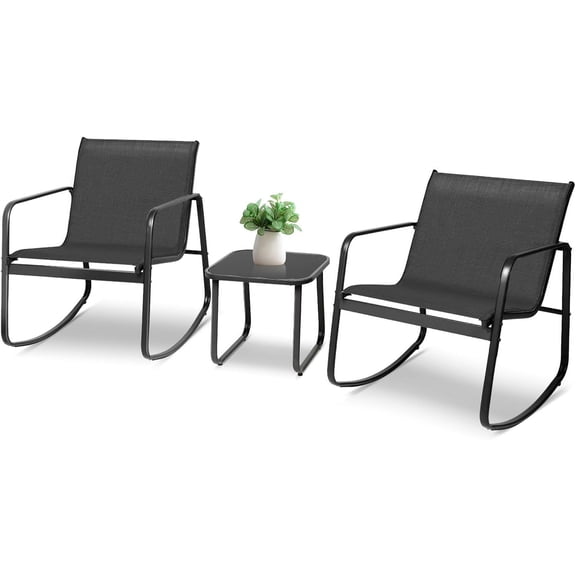 SOLAURA 3 Piece Patio Rocking Bistro Set Outdoor Textilene Fabric Chairs and Glass Table Set for Lawn, Garden, Balcony, Poolside, Black
