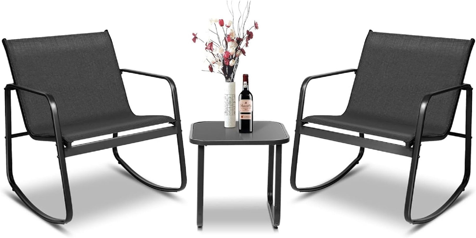 Black Textilene Fabric Rocking Patio Bistro Set with Glass Table