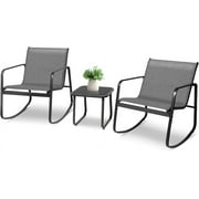 SOLAURA 3 Piece Patio Rocking Bistro Set Outdoor Textilene Fabric Chairs and Glass Table Set for Lawn, Garden, Balcony, Poolside, Grey