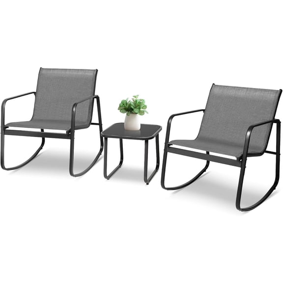 SOLAURA 3 Piece Patio Rocking Bistro Set Outdoor Textilene Fabric Chairs and Glass Table Set for Lawn, Garden, Balcony, Poolside, Grey