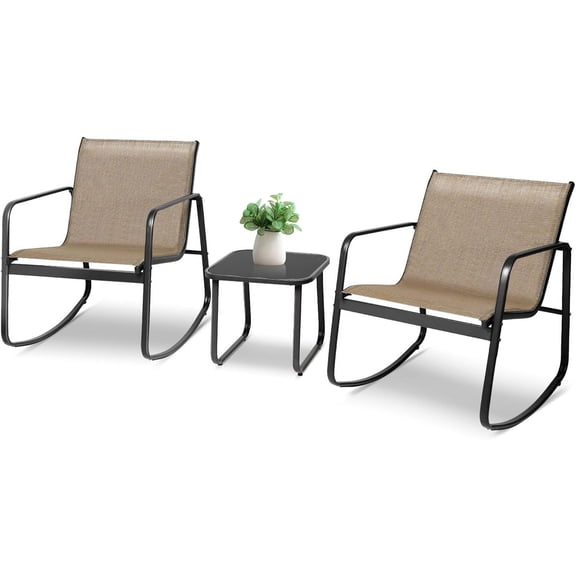 SOLAURA 3 Piece Patio Rocking Bistro Set Outdoor Textilene Fabric Chairs and Glass Table Set for Lawn, Garden, Balcony, Poolside, Khaki