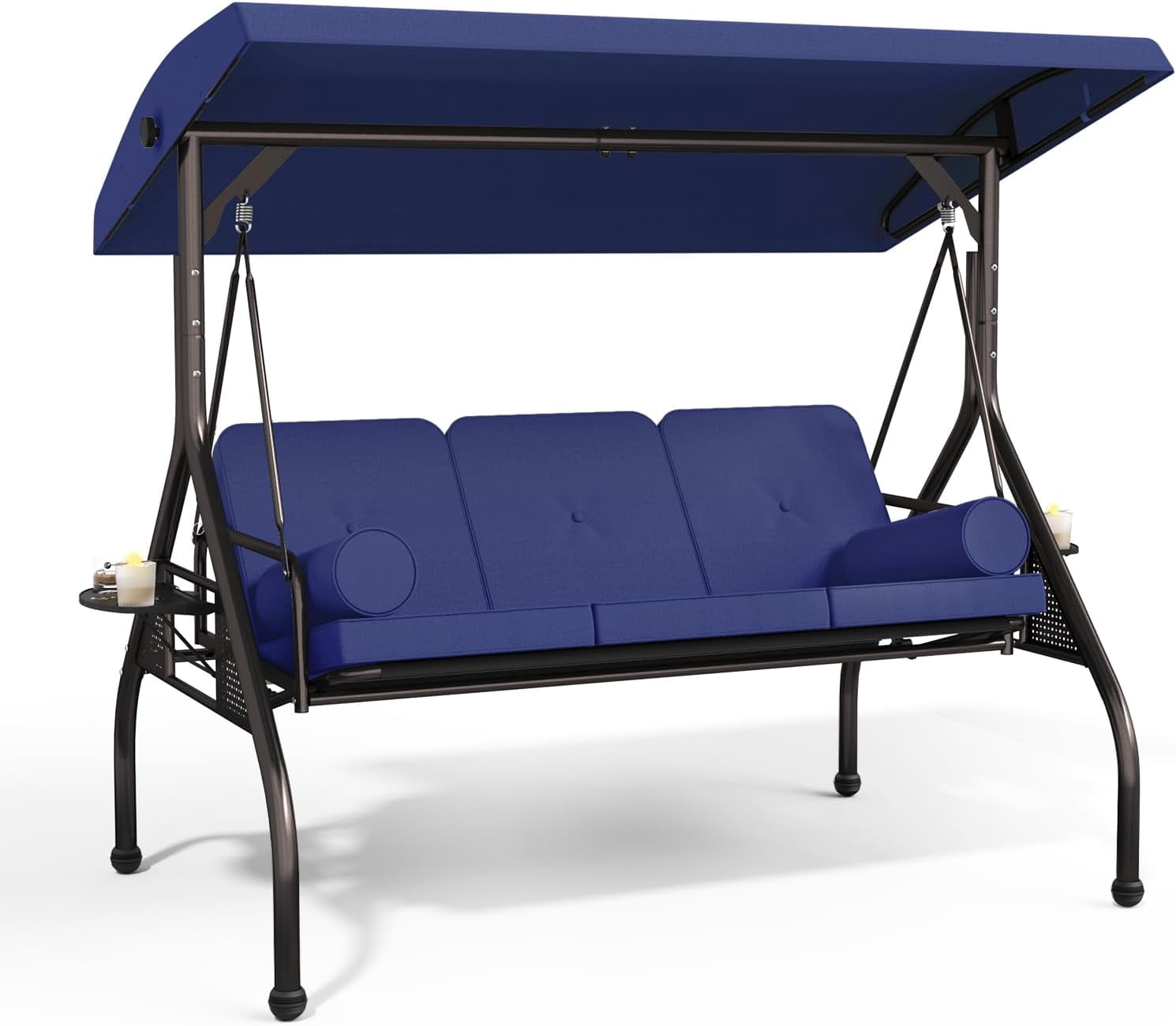 SOLAURA 3 Seat Outdoor Patio Swing with Adjustable Canopy, Porch Glider Swing with Thickened Cushions Pillows and Cup Holders for Adults, Converting Swing bed for Yard Garden Balcony(Blue)