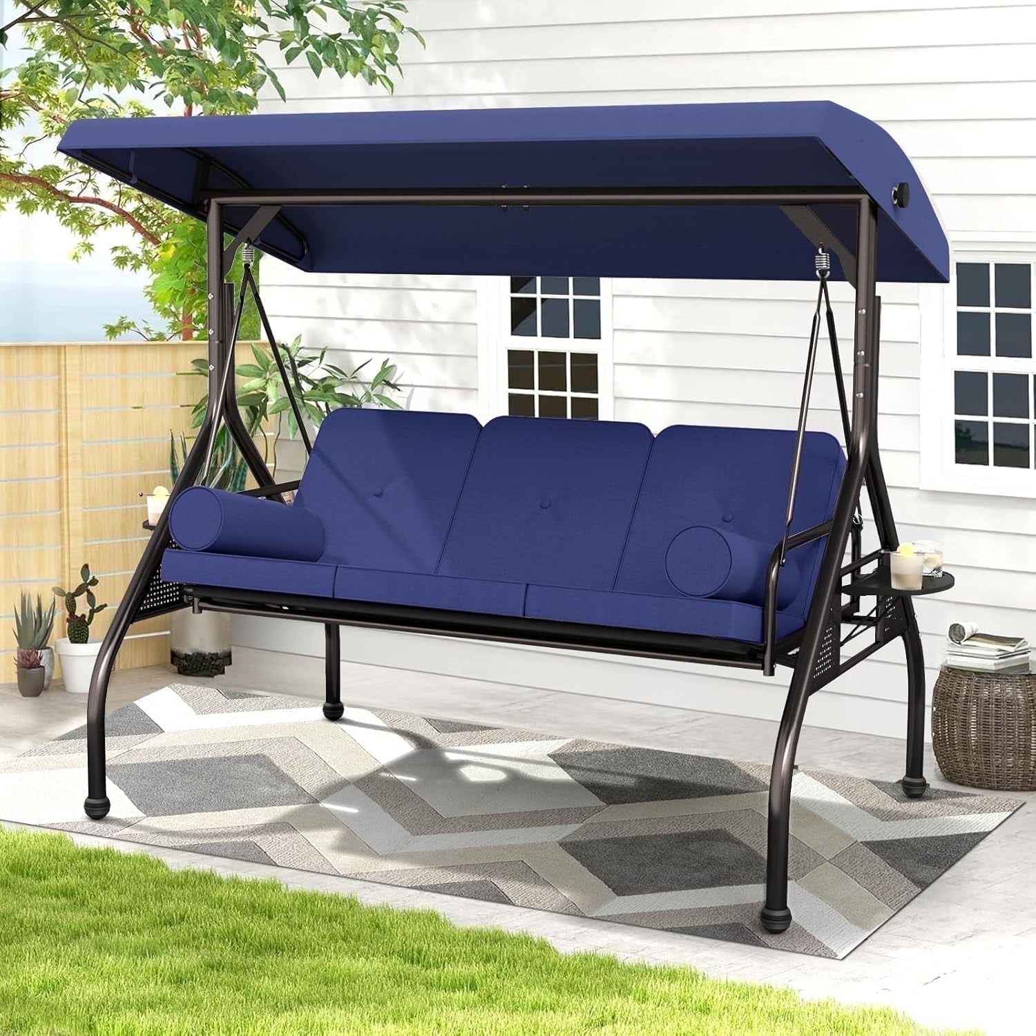 SOLAURA 3 Seat Outdoor Patio Swing with Adjustable Canopy, Porch Glider  Swing with Thickened Cushions Pillows and Cup Holders for Adults,  Converting ..., image size:1500x1500