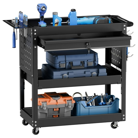 SOLAURA 3 Tier Rolling Tool Cart on Wheels with Lockable Drawers, 420 LBS Capacity Tool storage Cart with Pegboard and Hooks, Rolling Tool Box for Garage, Warehouse, Workshop and Factory(Black)