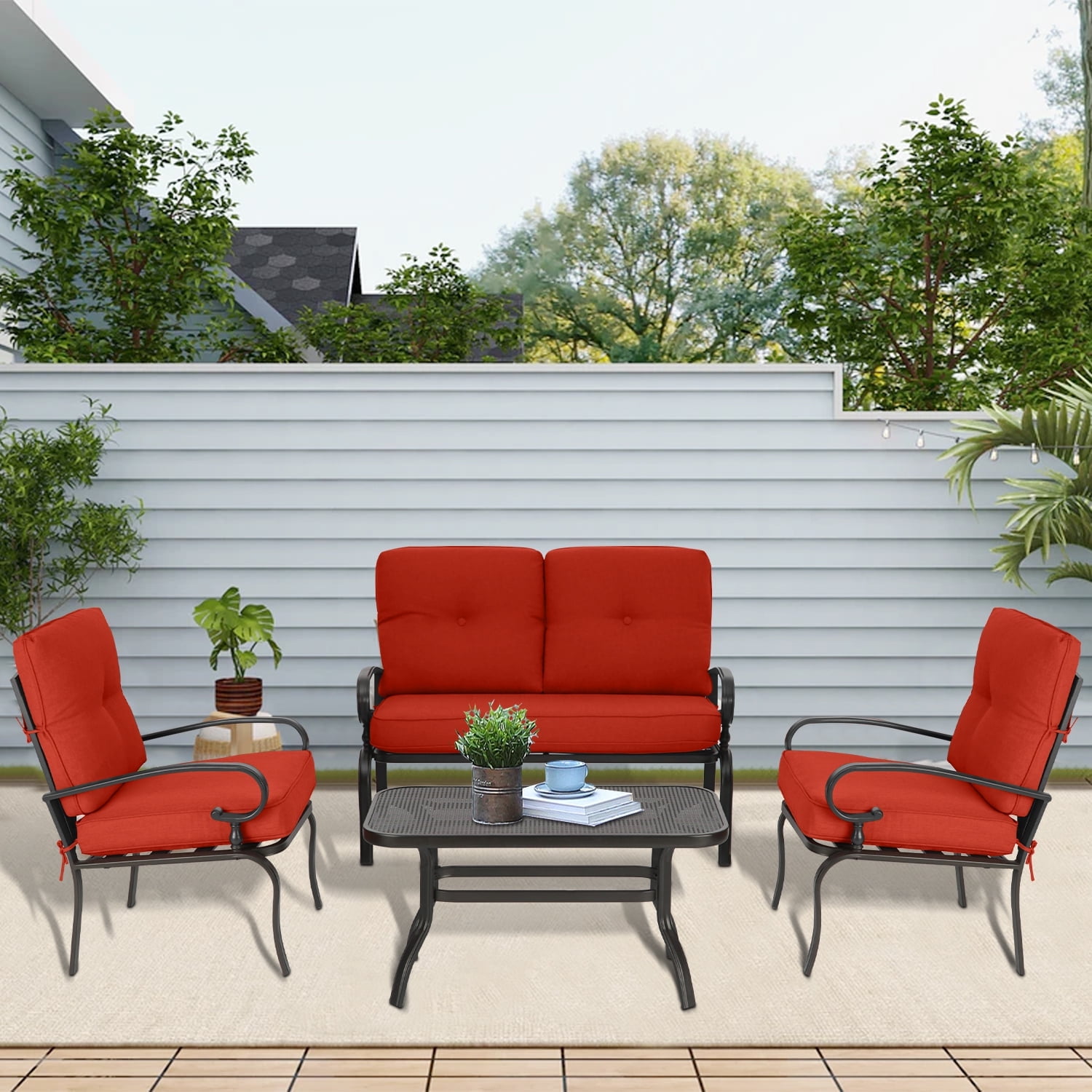 SOLAURA 4-Piece Outdoor Furniture Patio Conversation Set with Metal Table and Seating Cushions(Red)