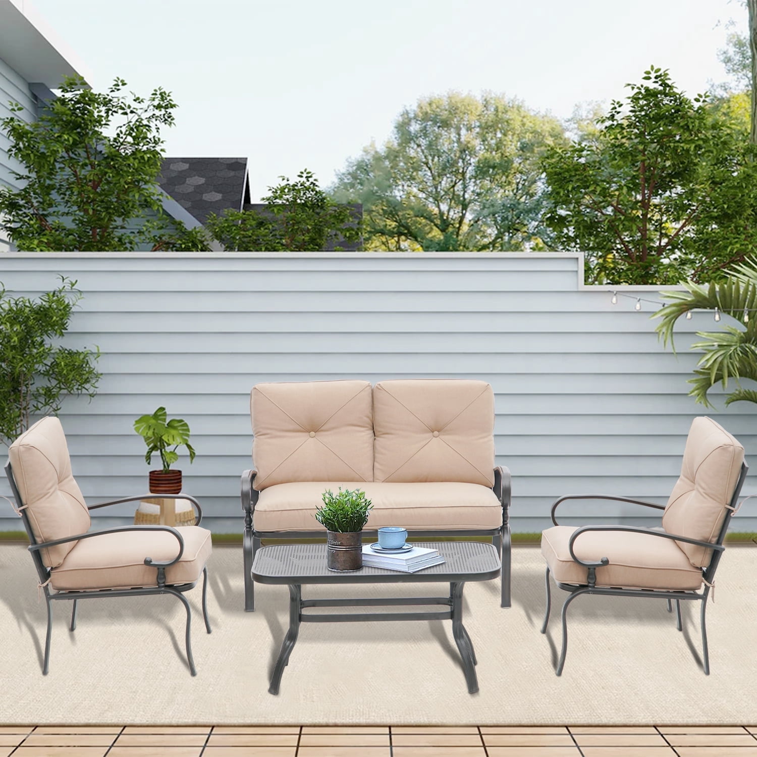 SOLAURA 4-Piece Outdoor Furniture Patio Conversation Set with Metal Table and Seating Cushions for Garden, Deck, Balcony, Pool, Porch, Lawn (Brown)
