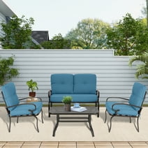 SOLAURA 4-Piece Outdoor Furniture Patio Metal Conversation Set with Peacock Blue Cushions