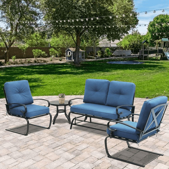 SOLAURA 4-Piece Patio Furniture Outdoor Conversation Sets, Metal Swing Glider Loveseat, Spring Chairs with Side Table-Peacock Blue
